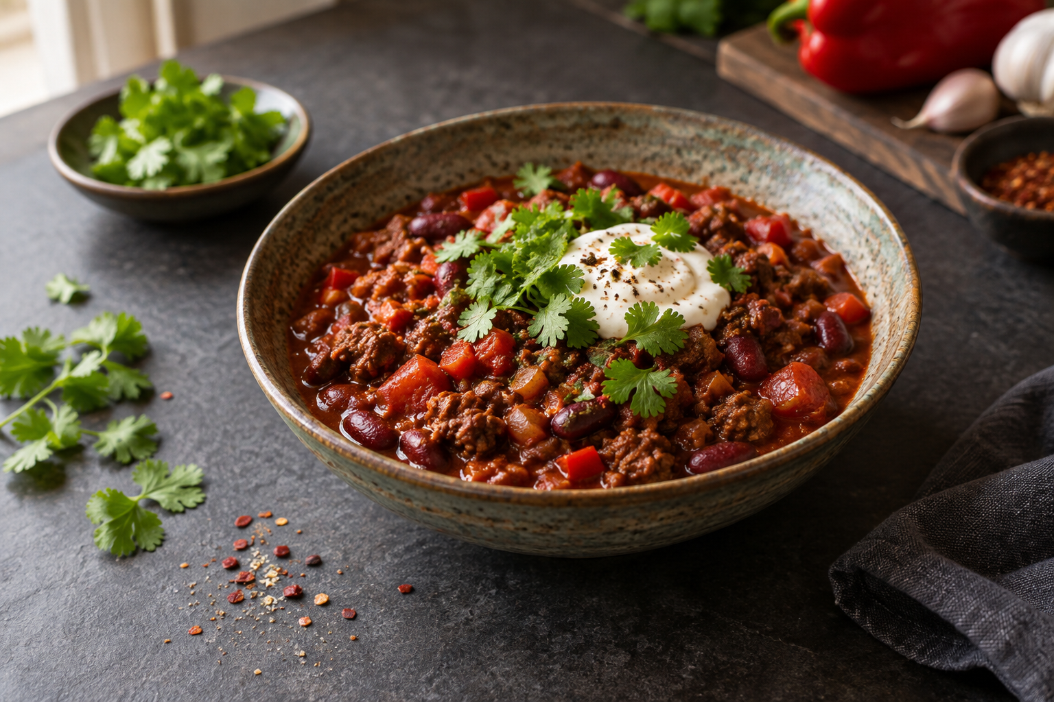 Kauss värske chilli con carne veisehakkliha, ubade ja tomatitega