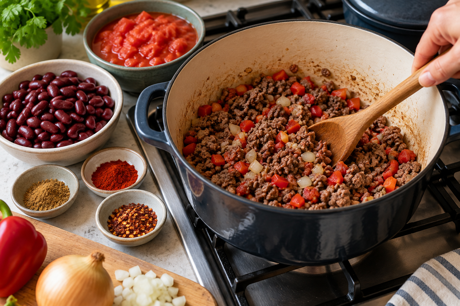 Chilli con carne valmistamine potis hakkliha, paprika ja vürtsidega