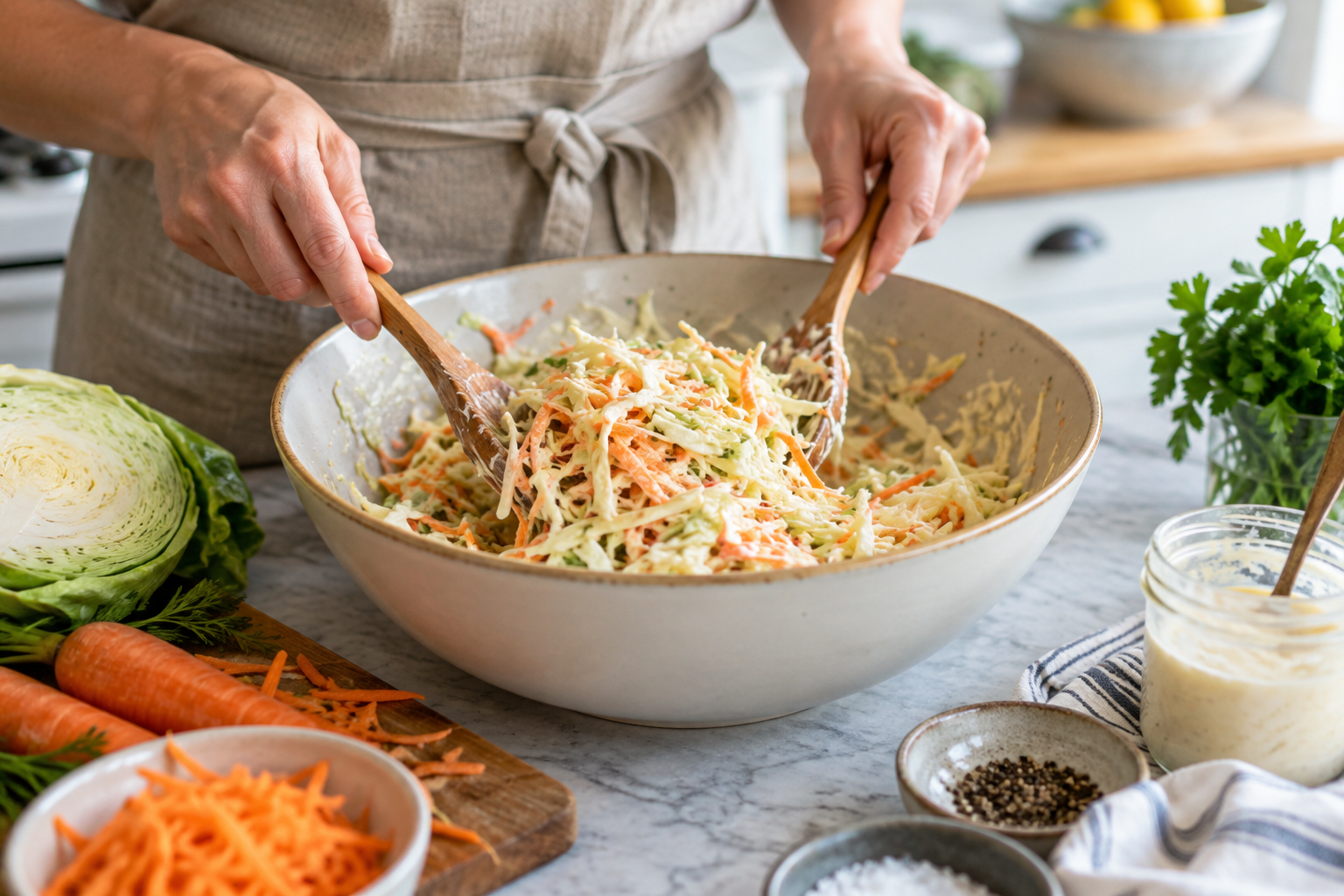 Coleslaw salati segamine köögis
