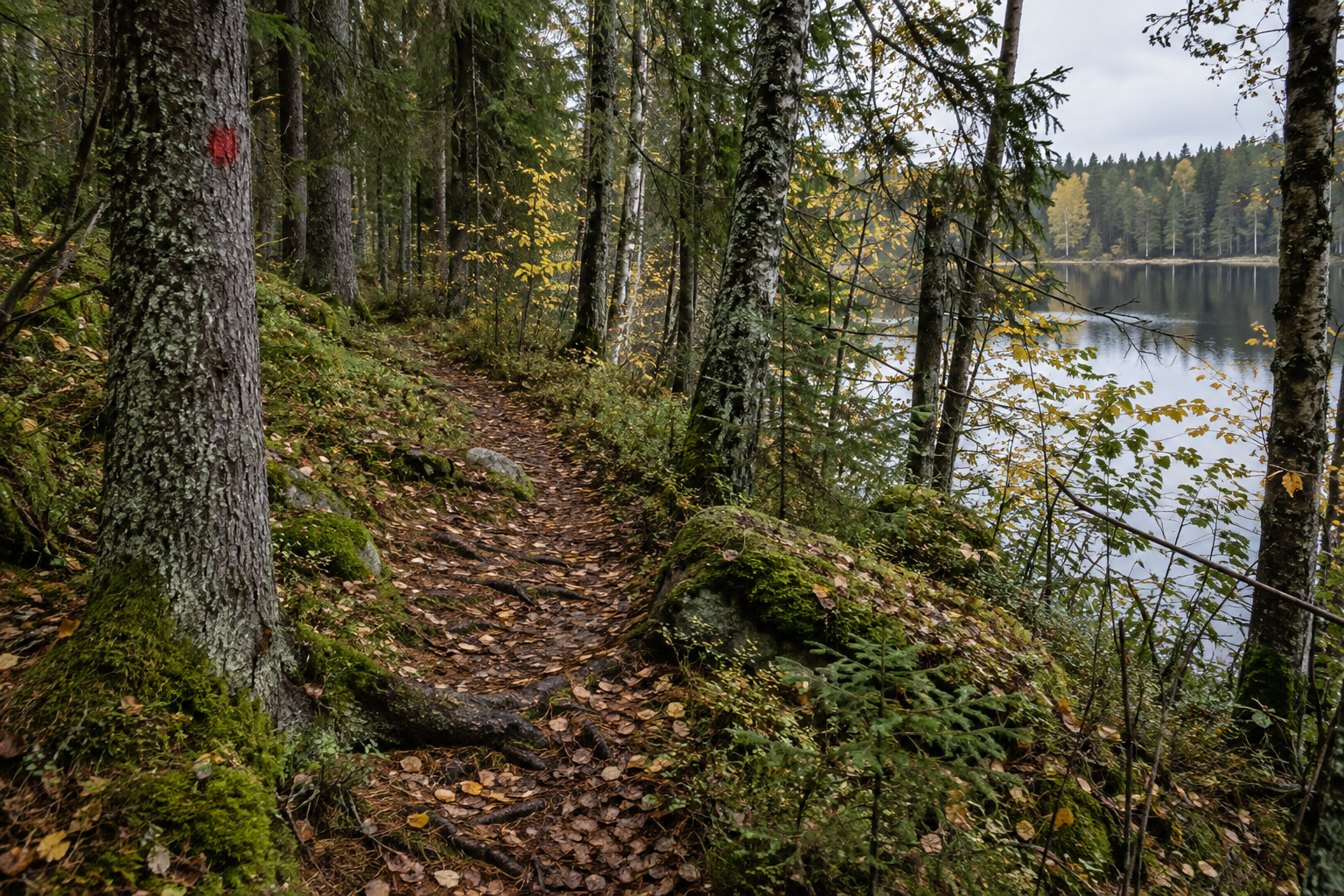 Illustreeriv järveäärne metsarada ja punane rajamärk puul