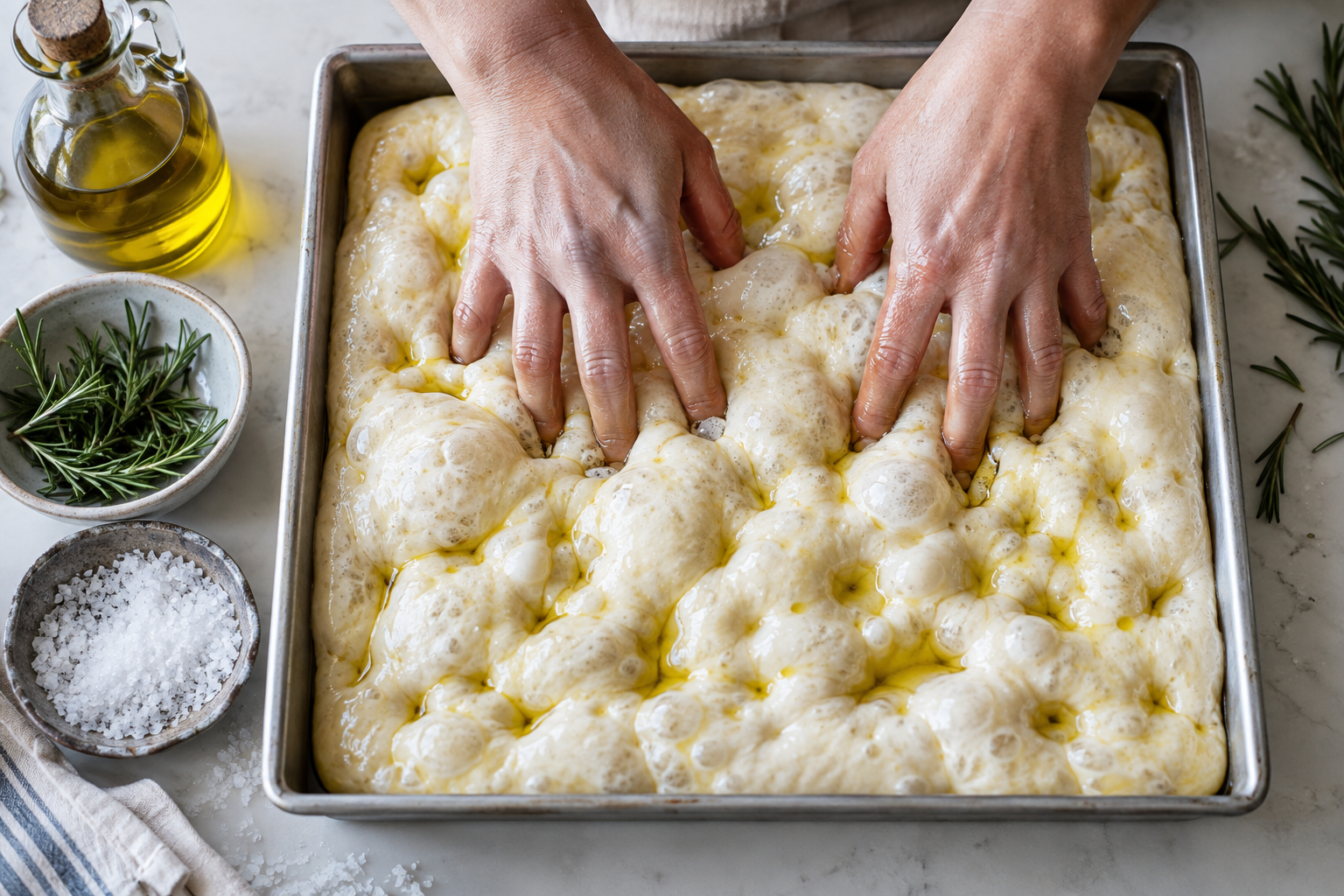 Focaccia tainasse sõrmedega süvendite tegemine enne küpsetamist
