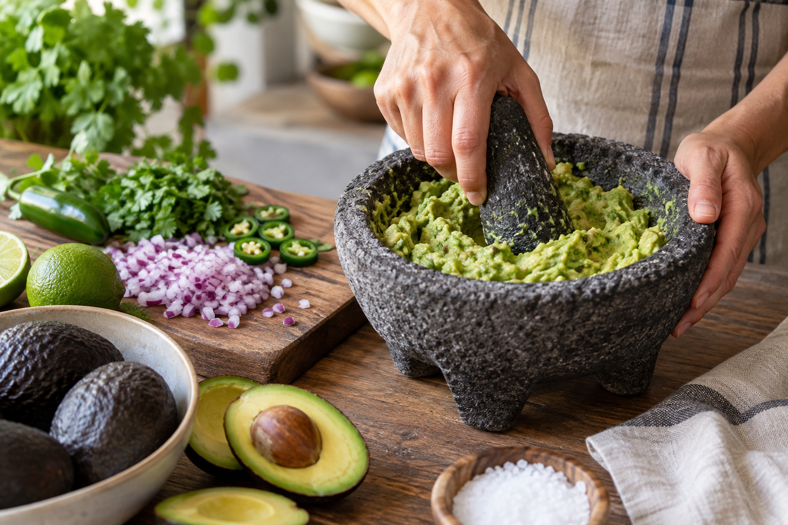 Guacamole valmistamine avokaadot uhmris purustades