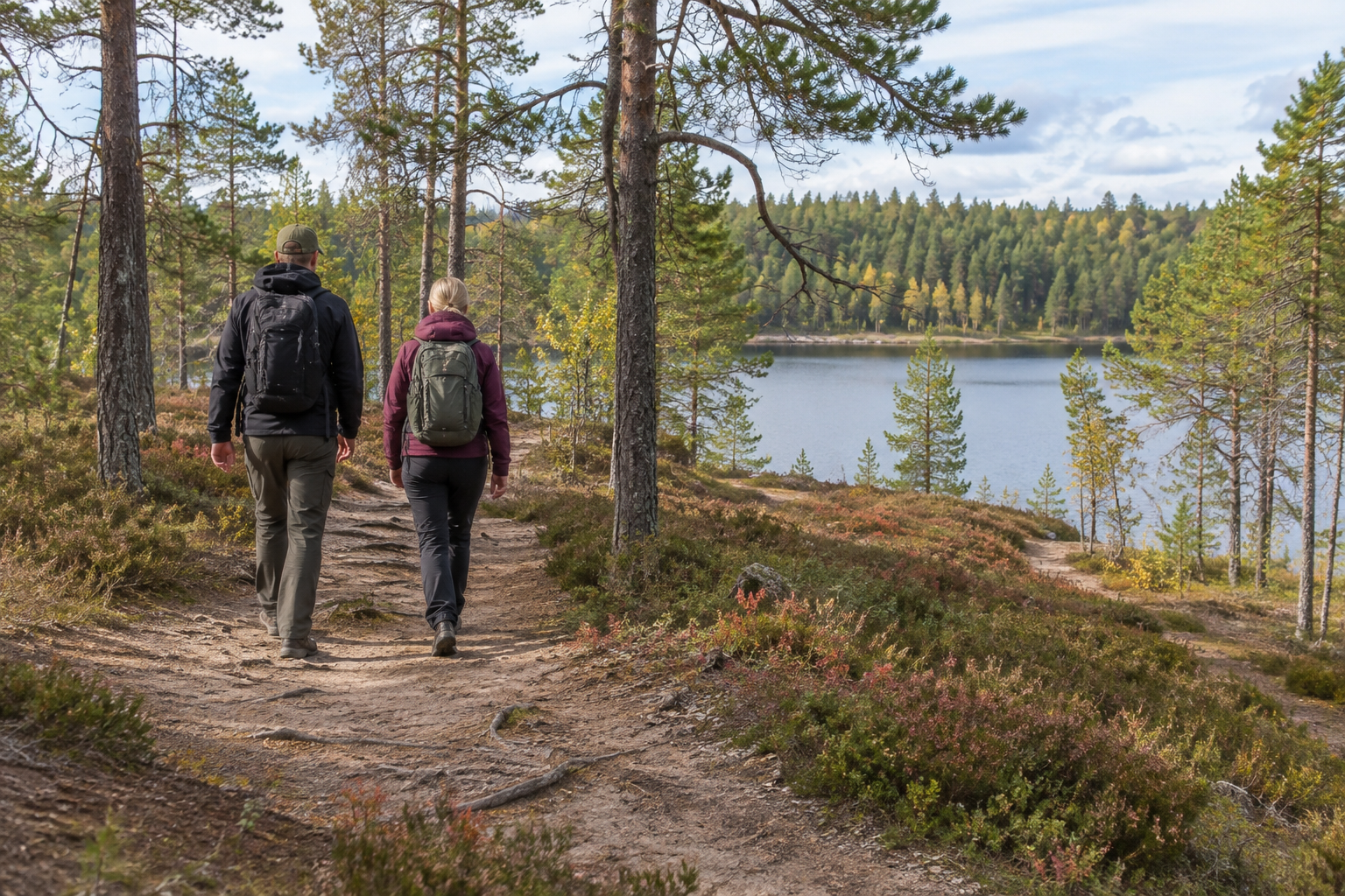 Illustreeriv pilt matkajatest järvedevahelisel liivasel rajal; mitte dokumentaalfoto Jussi rajast