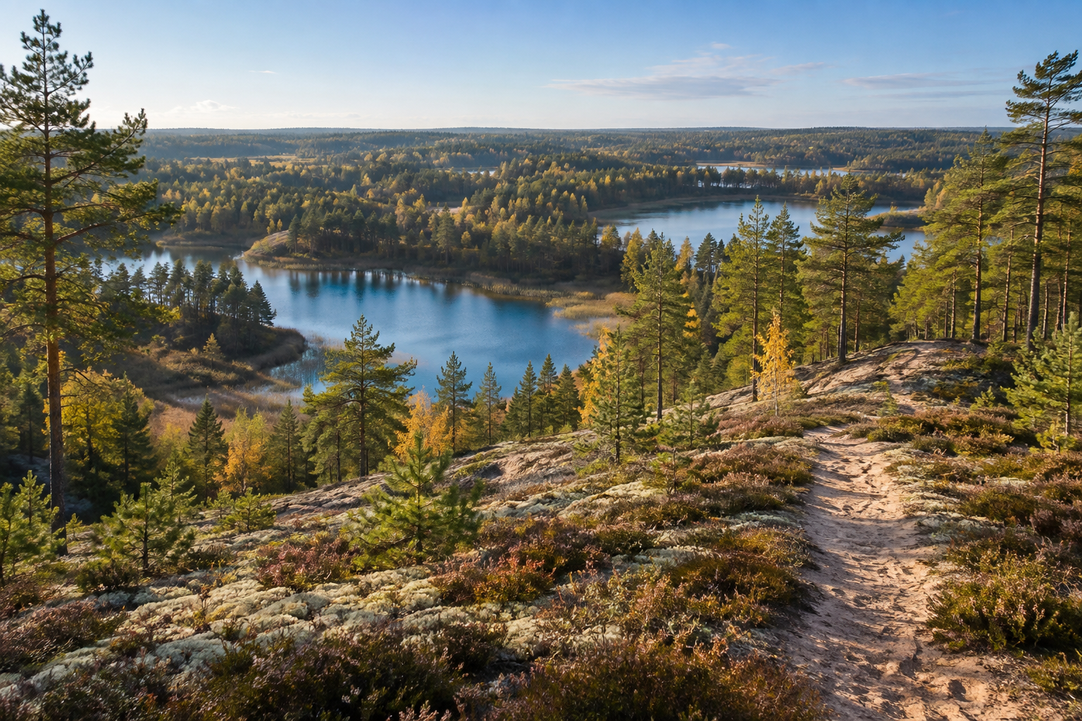 Illustreeriv järvede ja kanarbikunõmmega matkamaastik; mitte dokumentaalfoto Jussi rajast