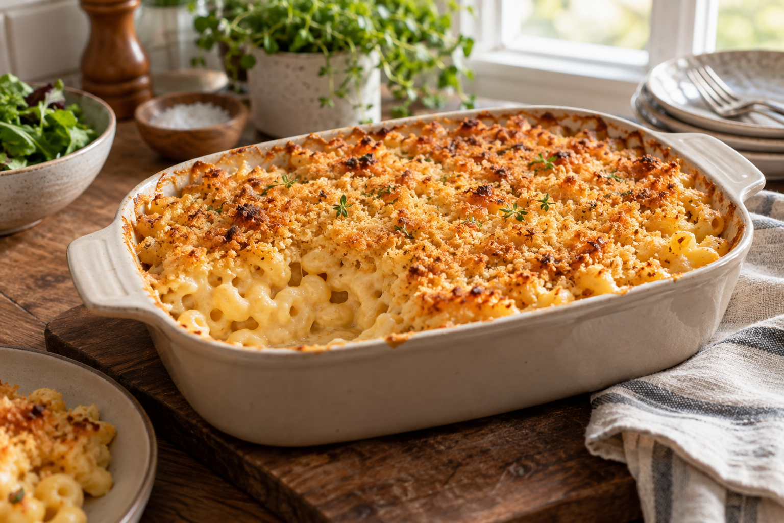 Ahjus küpsetatud mac and cheese kuldse riivsaiakattega