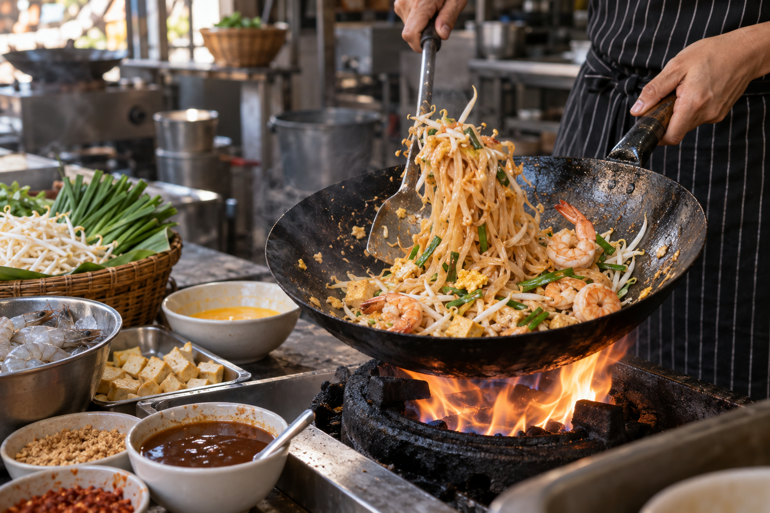 Pad Thai nuudlite valmistamine vokkpannil