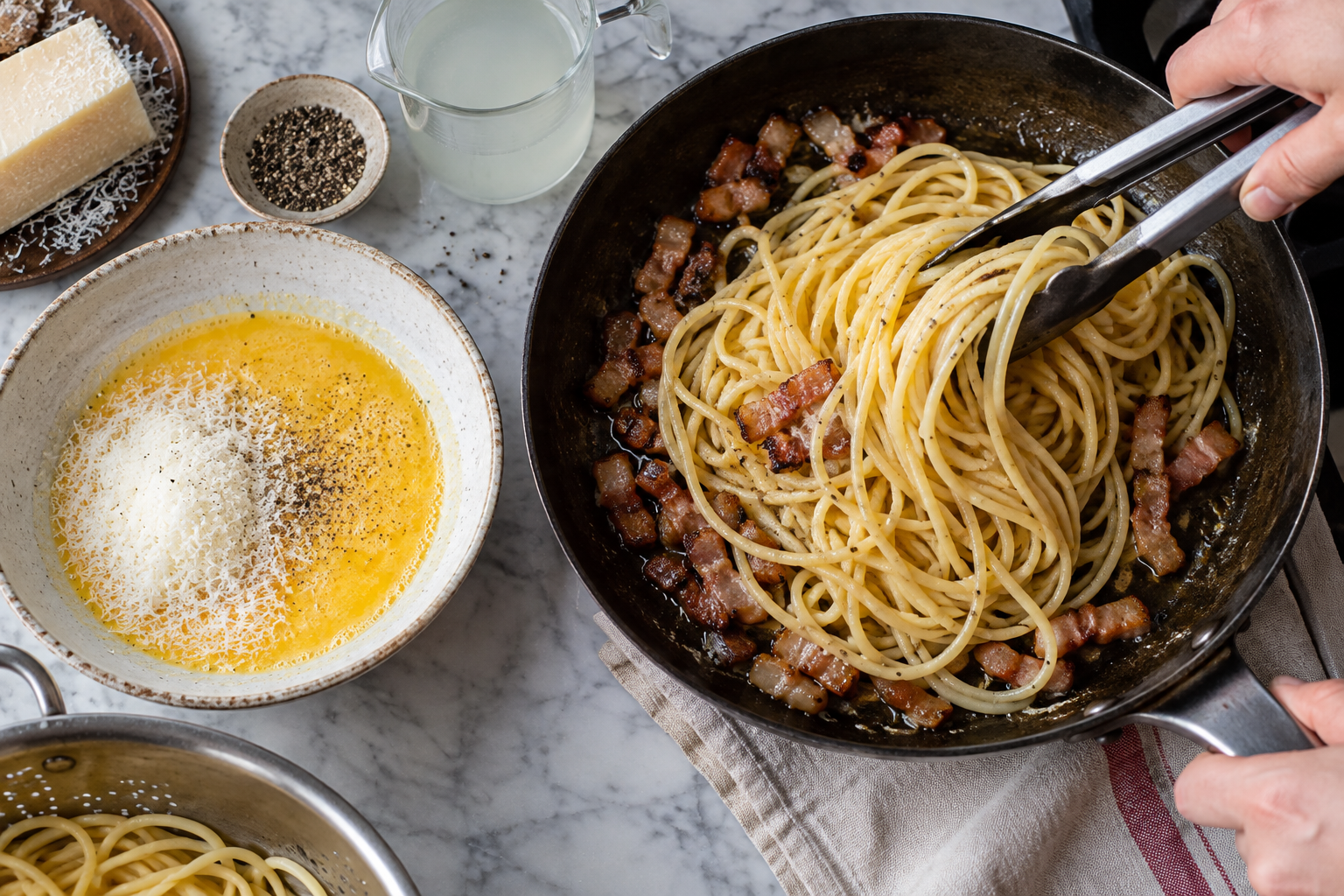 Pasta carbonara valmistamine: spagetid, guanciale ja muna-juustusegu