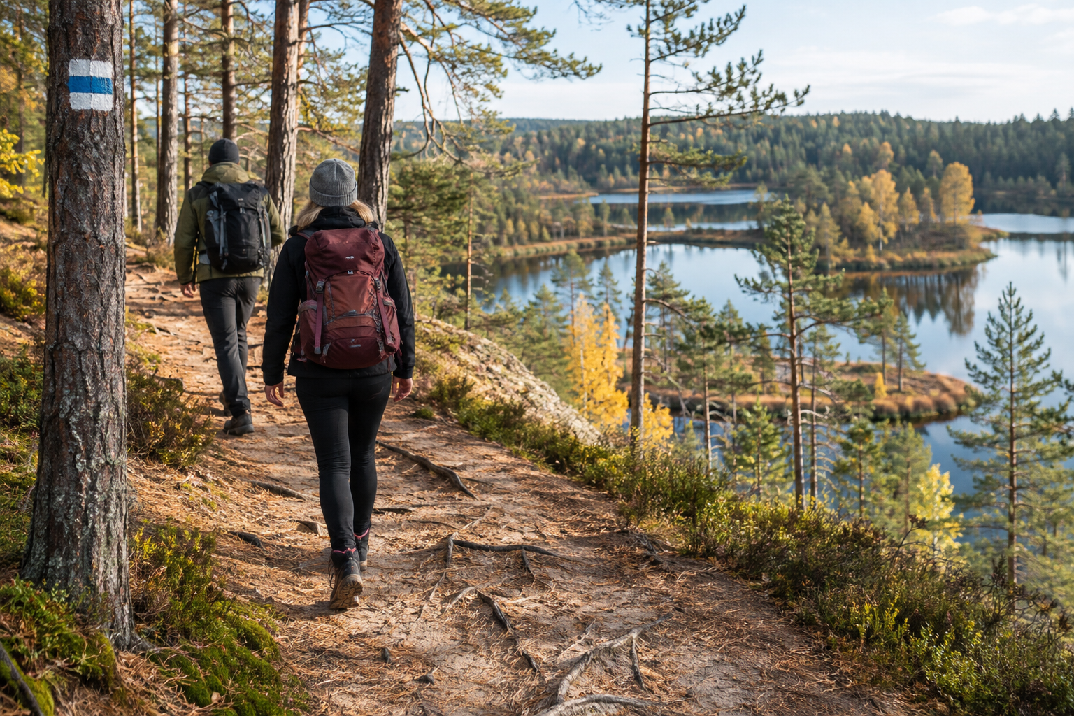 Illustreeriv pilt matkajatega oosilaadsel metsarajal järvede vahel; mitte dokumentaalfoto Paukjärvest