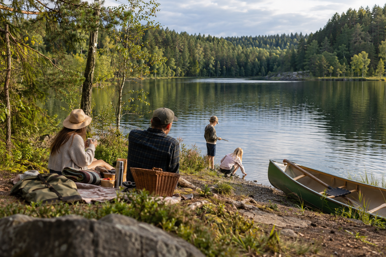 Illustreeriv foto perepuhkusest metsajärve kaldal