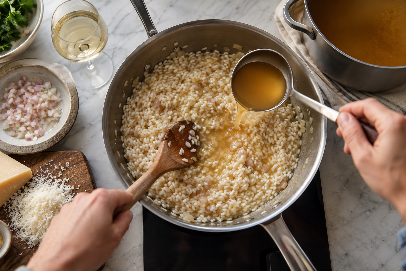 Risoto valmistamine kuuma puljongi järkjärgulise lisamisega