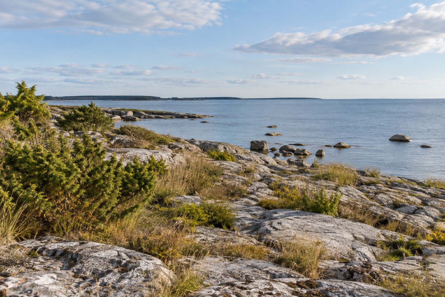 Saaremaa reisi illustreeriv Läänemere rannik kadakate ja kividega