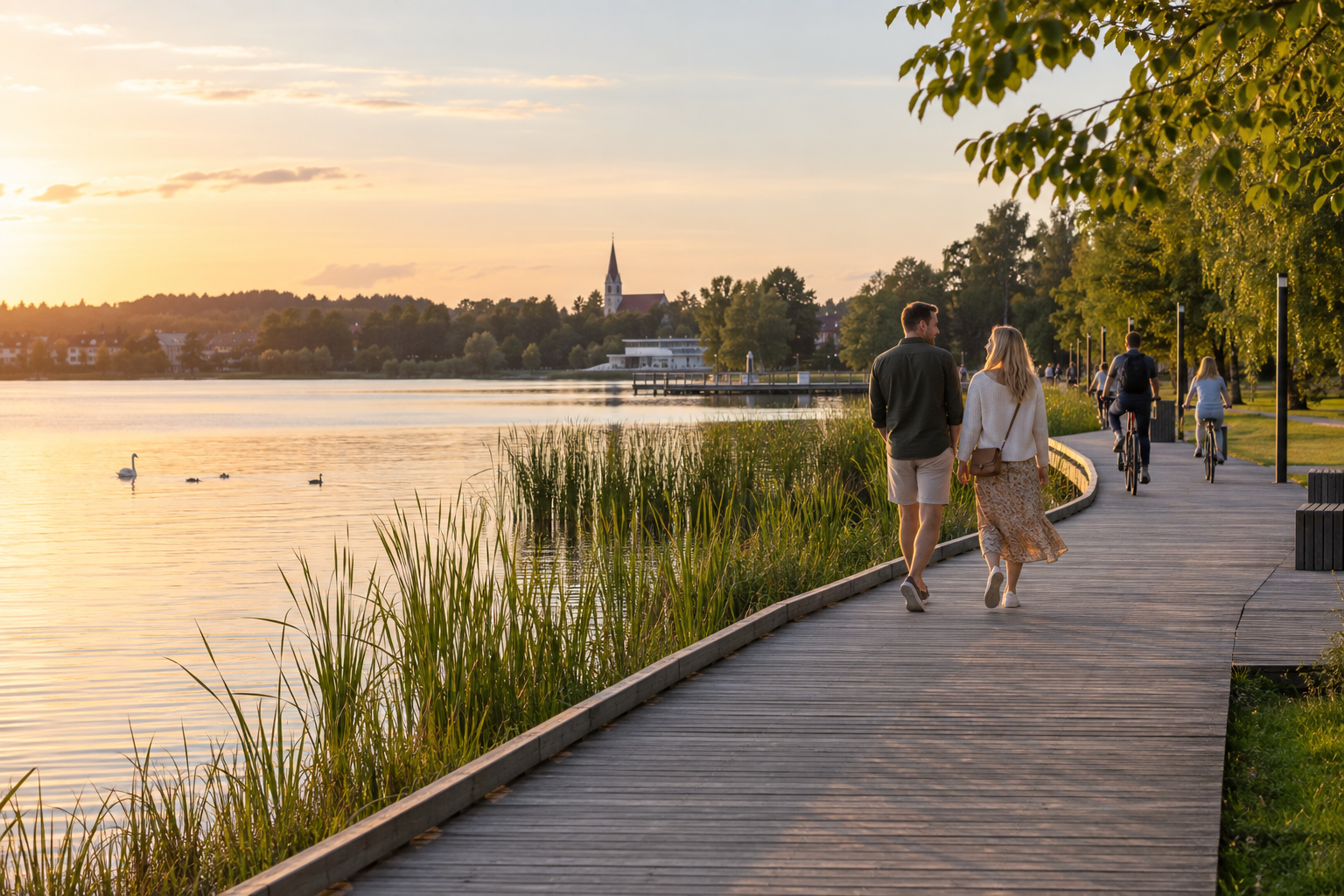 Illustreeriv foto jalutajatest järveäärsel promenaadil; ei pruugi kujutada Tamulat