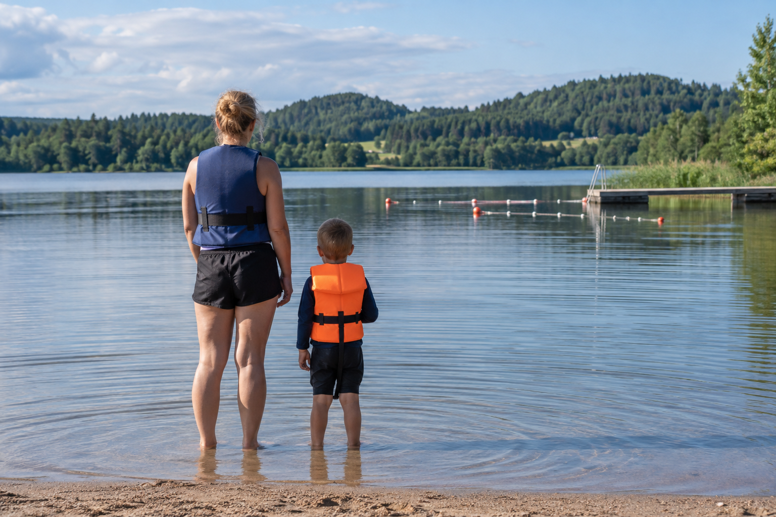Täiskasvanu ja laps päästevestidega Võrumaa järve ääres