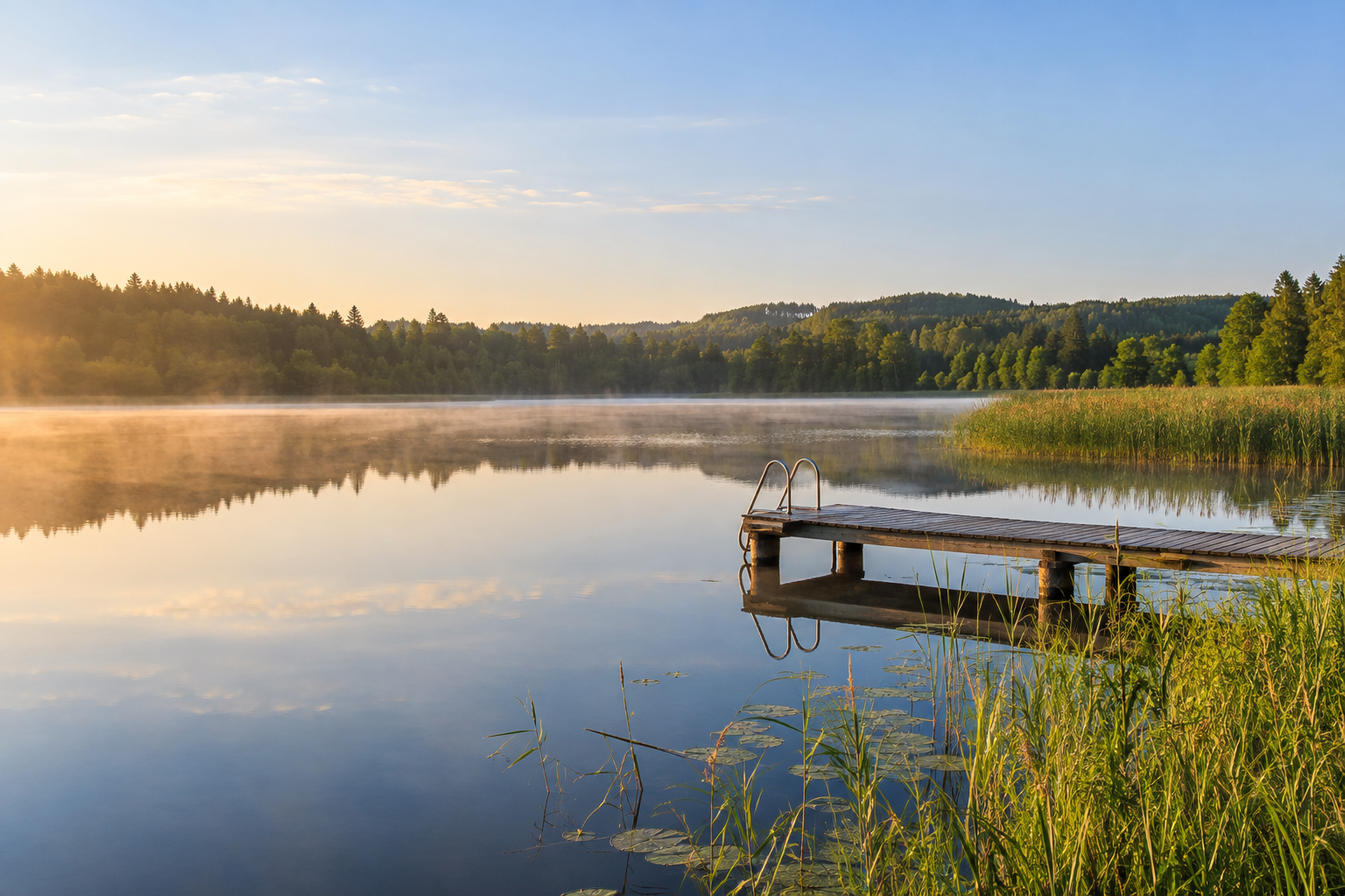 Maaliline järv Võrumaal metsaste kuplite ja puidust ujumissillaga