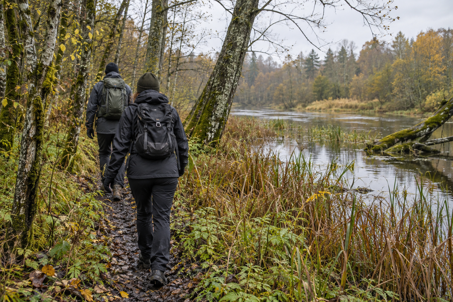Illustreeriv vaade matkajatele märjal lammimetsa rajal