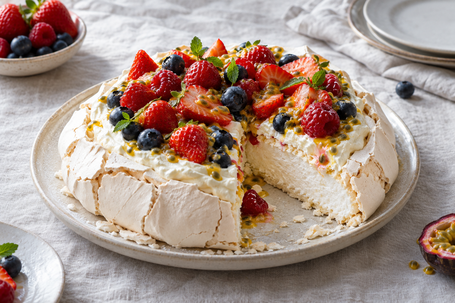 Pavlova beseekook vahukoore, marjade ja granadilliga